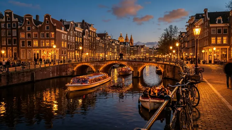 Amsterdam canals and historic canal houses at twilight