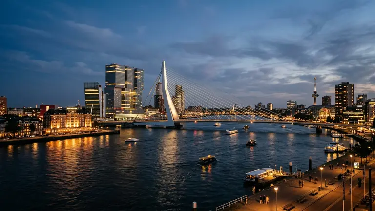 Rotterdam Erasmus Bridge, Markthal, and modern skyline